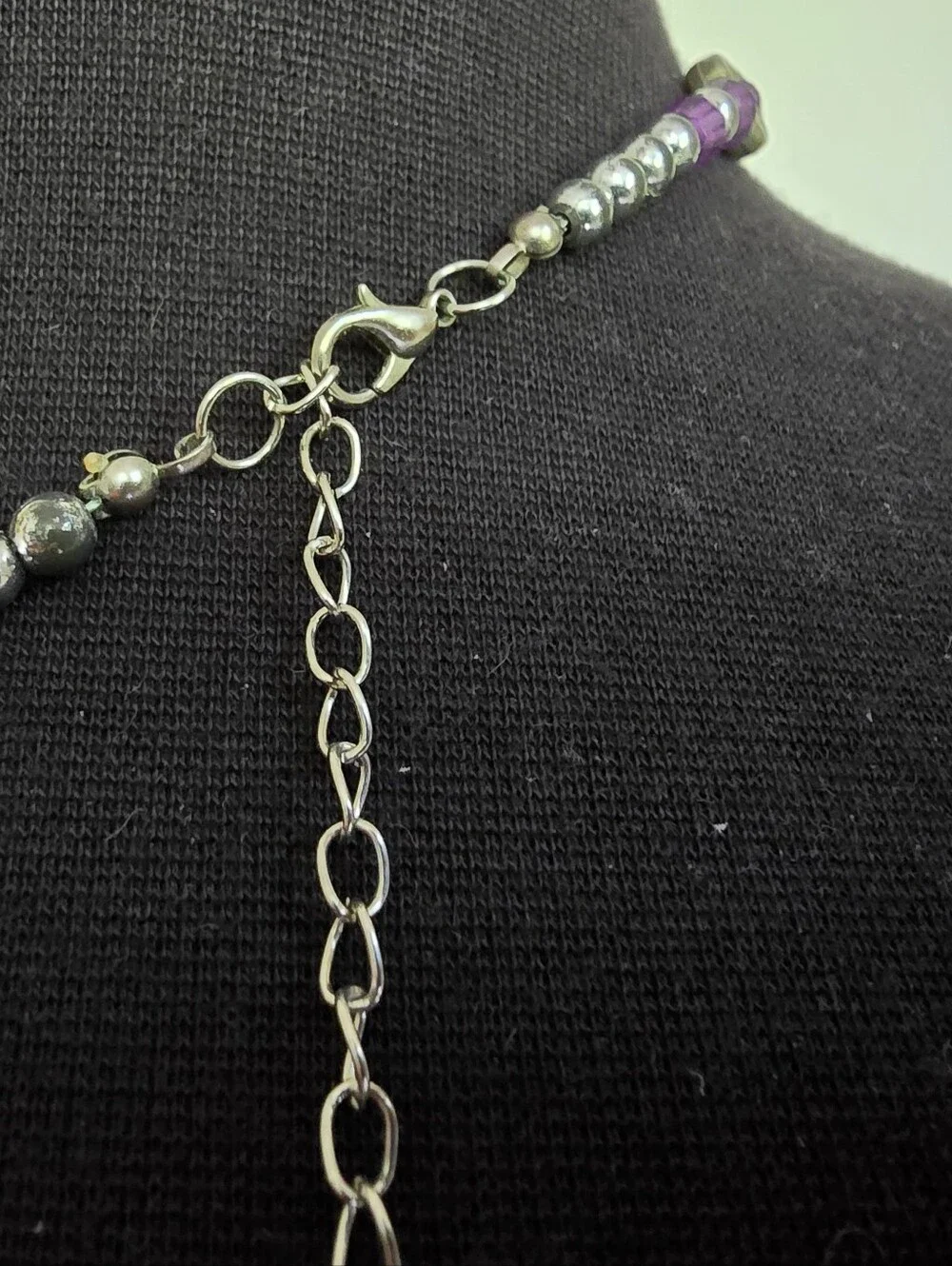 Handcrafted Amethyst Beaded Necklace with Silver Tone Flower Accents